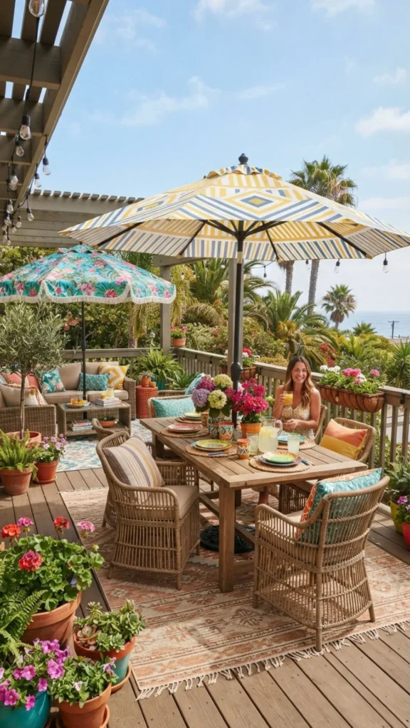 Colorful patio umbrella providing shade and vibrant style to the deck.