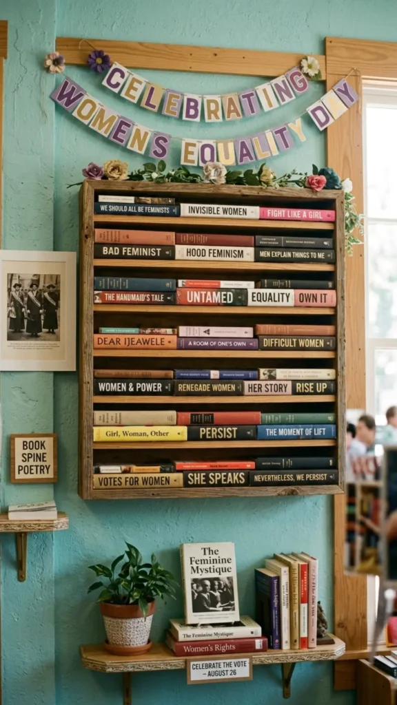Creative book spine poetry display featuring empowering messages for women.