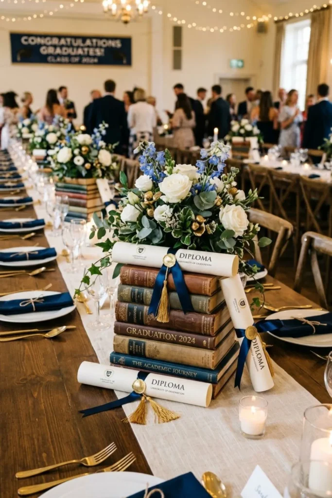 Elegant book stack centerpiece with diploma graduation decor