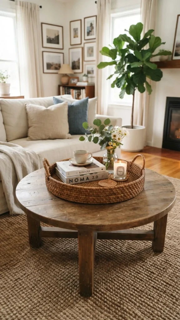 Rattan tray styled with natural accents on a summer coffee table.