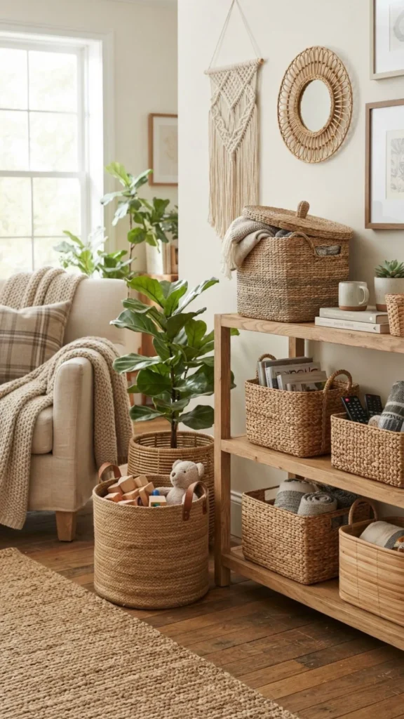 Woven baskets providing stylish storage and natural texture in a summer home.