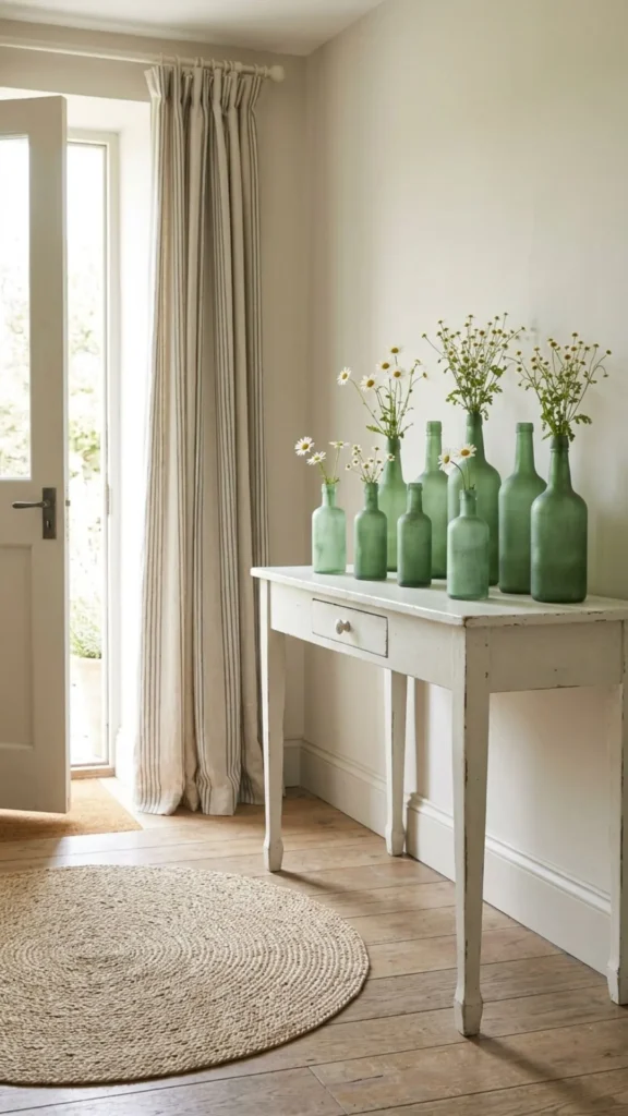 Soft green glass vases and accents adding vintage elegance and natural charm to cottage style summer decorating.