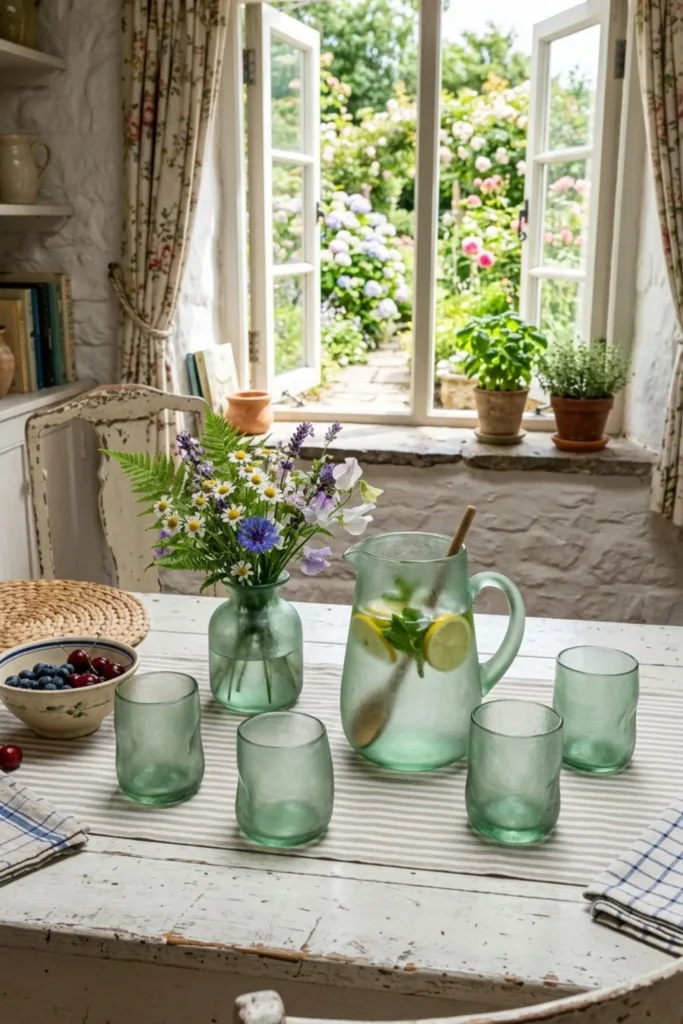 Brushed green glass vases creating a fresh cottage look.