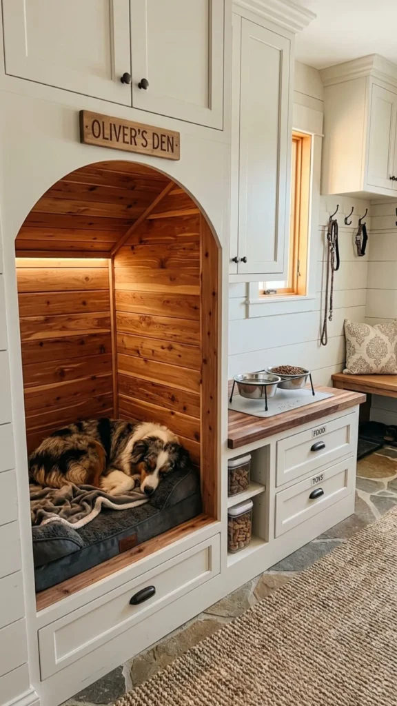 Built-in DIY dog house nook with cedar interior and convenient feeding station for a cozy pet space