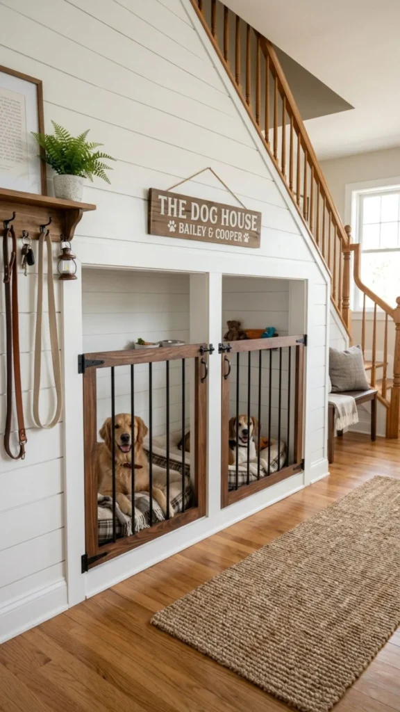 Built-in DIY dog kennel nook with shiplap panels, baby gate doors, and cozy farmhouse styling