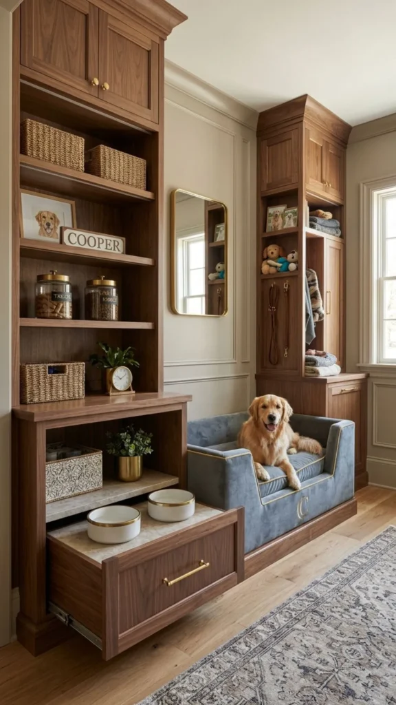 Stylish built-in dog feeding station with organized pet storage