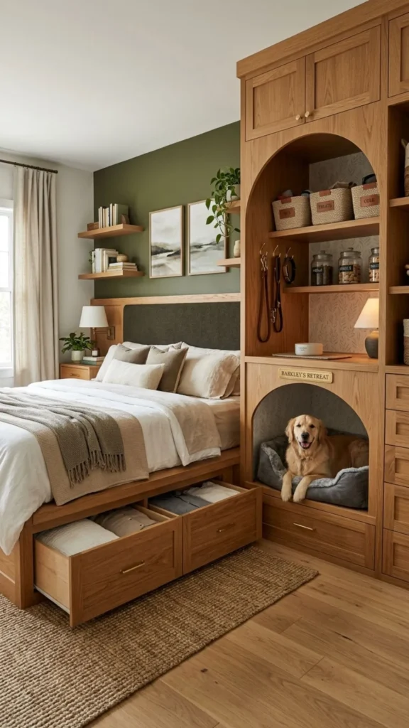 Built-in dog platform bed with stylish storage compartments underneath