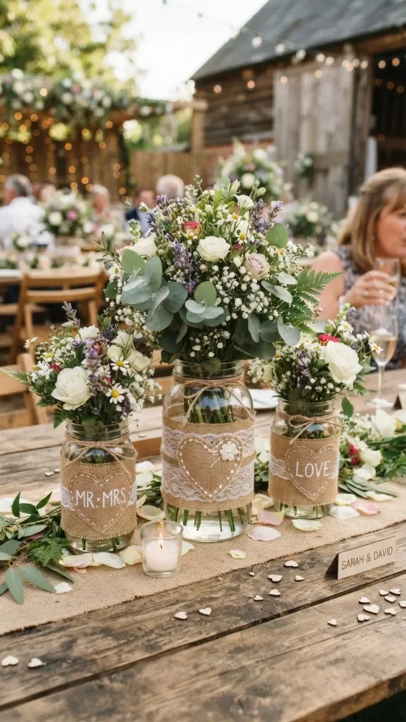 Mason jars decorated with burlap hearts and fresh flowers create sweet rustic wedding centerpieces.