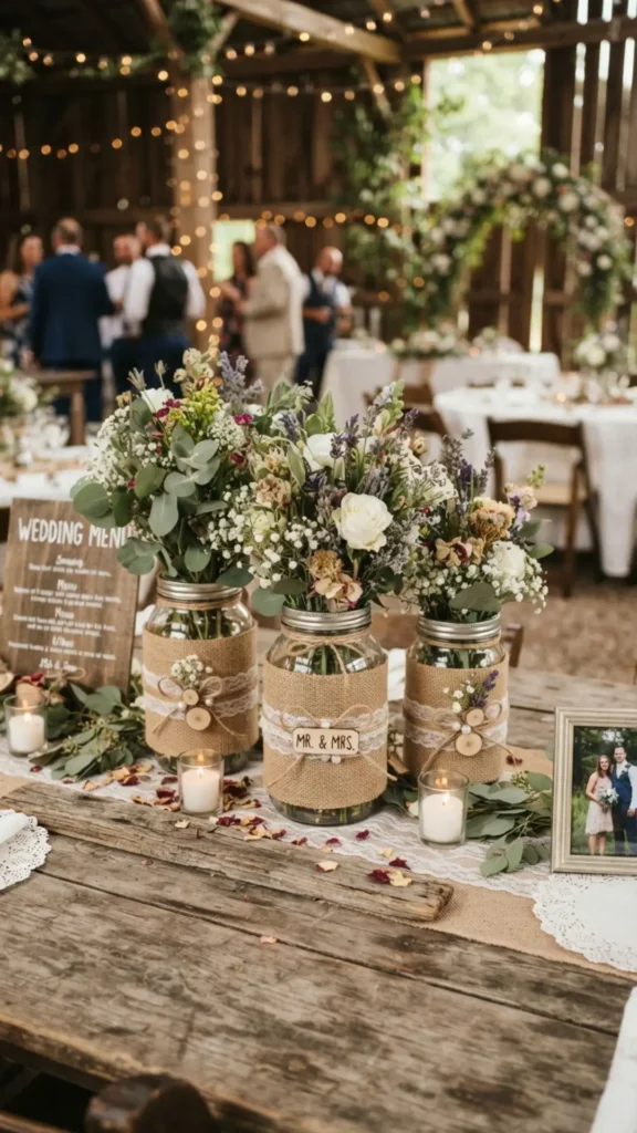 Burlap-wrapped mason jars filled with fresh blooms add timeless rustic elegance to wedding decor.