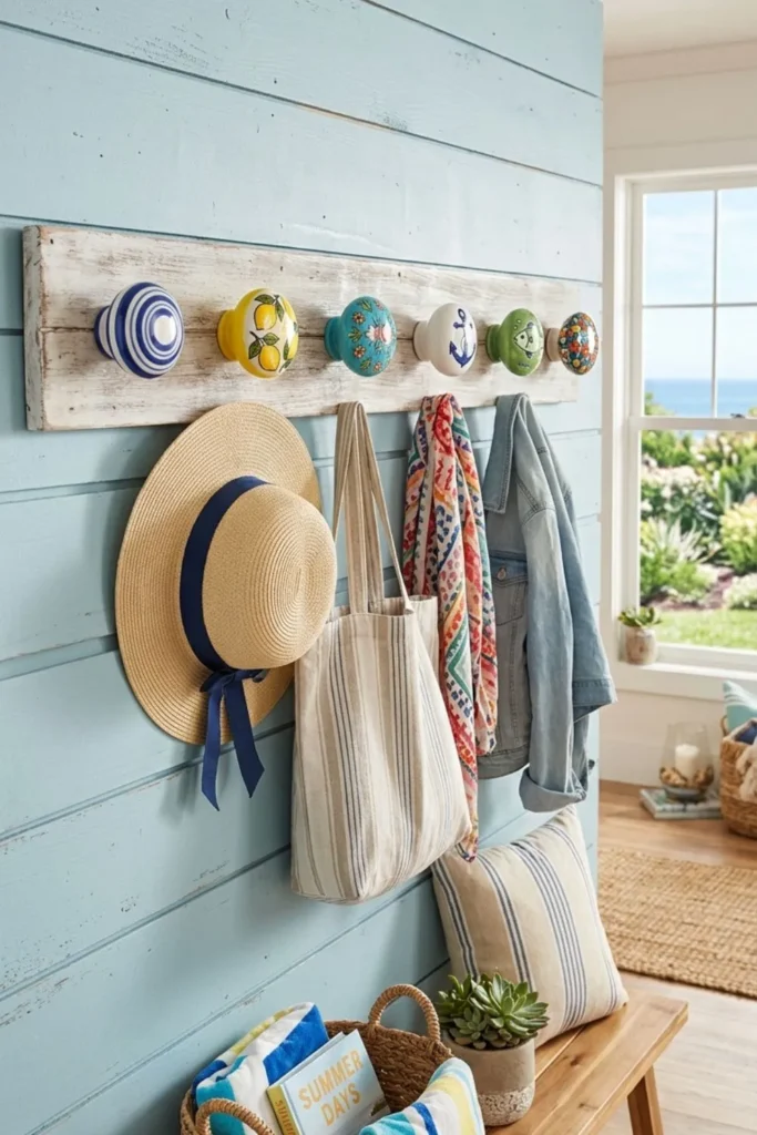 Vintage ceramic knobs used as decorative cottage wall hooks.