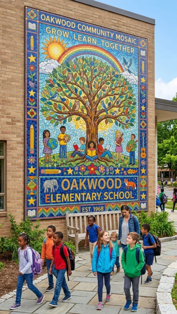 Colorful ceramic tile mosaic creating a vibrant and durable school wall.