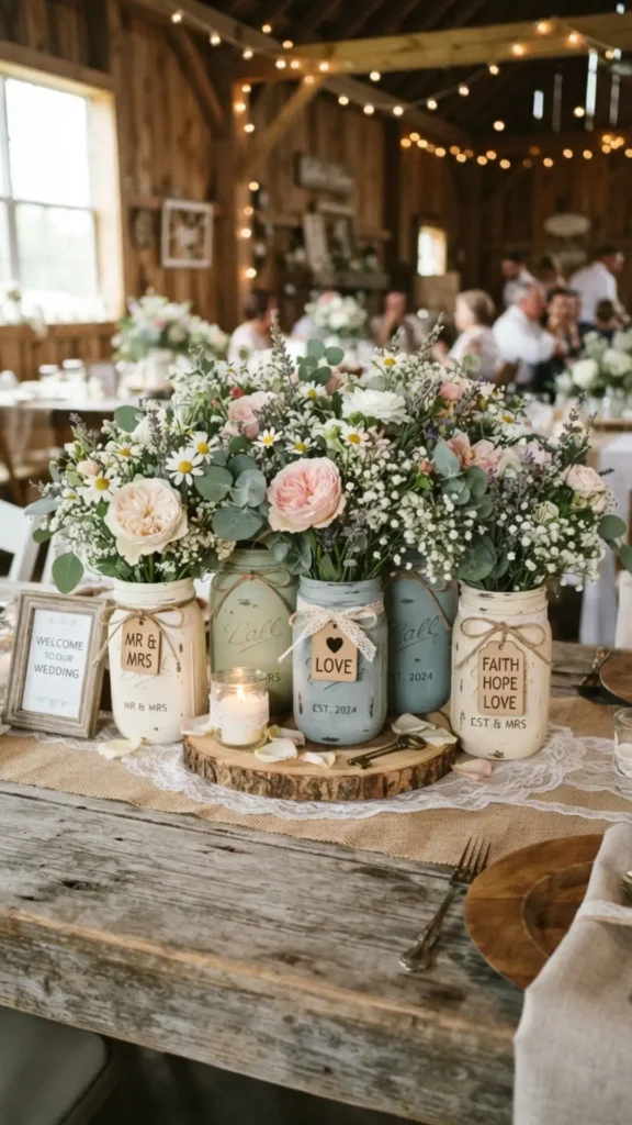 Soft chalk-painted mason jars with flowers offer a charming vintage farmhouse centerpiece.