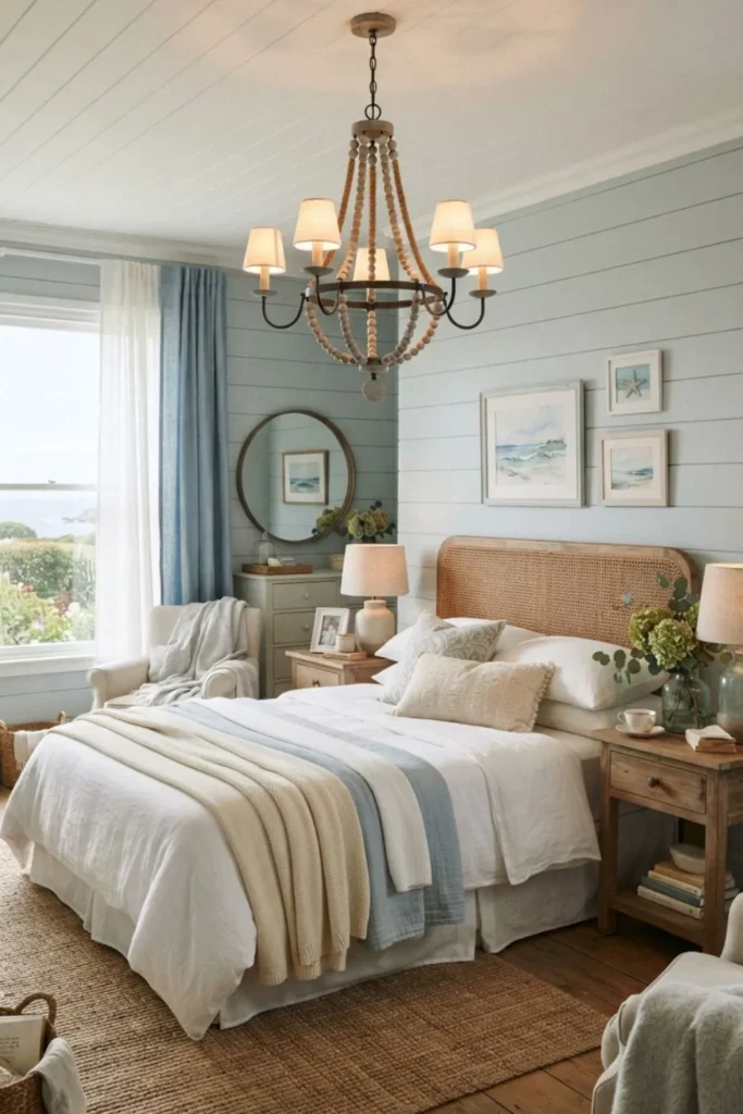 Elegant chandelier lighting adding warmth and sophistication to a coastal bedroom.