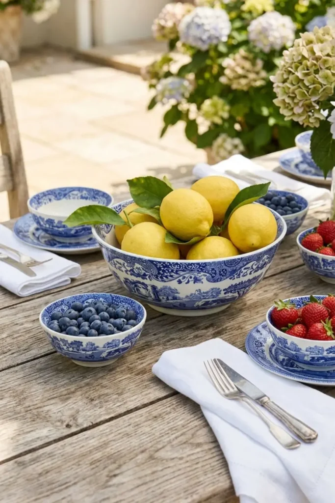 Elegant China bowls displayed with fresh lemons and flowers.