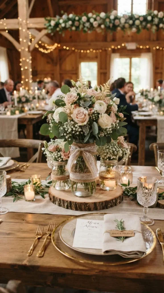 Simple mason jars with elegant flowers and modern accents create a timeless wedding centerpiece.