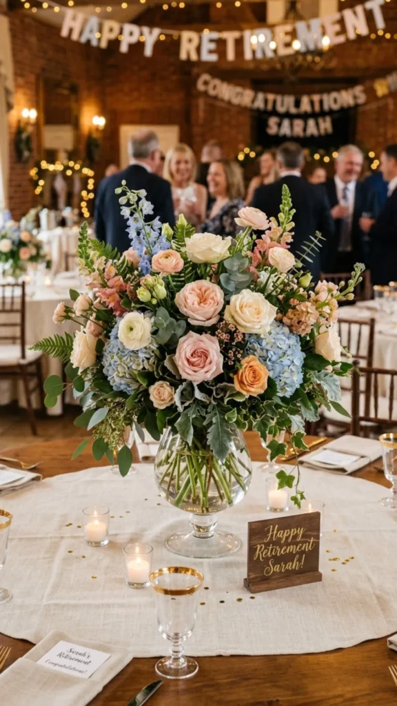 Elegant retirement party centerpiece with seasonal flowers in a decorative vase.