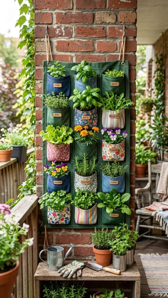 Space-saving cloth pocket vertical planter made from fabric scraps for creative small-garden styling.
