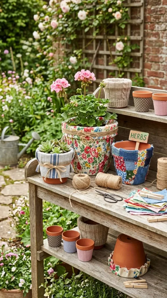 DIY cloth pot covers using fabric scraps to add a cozy and colorful touch to garden planters.