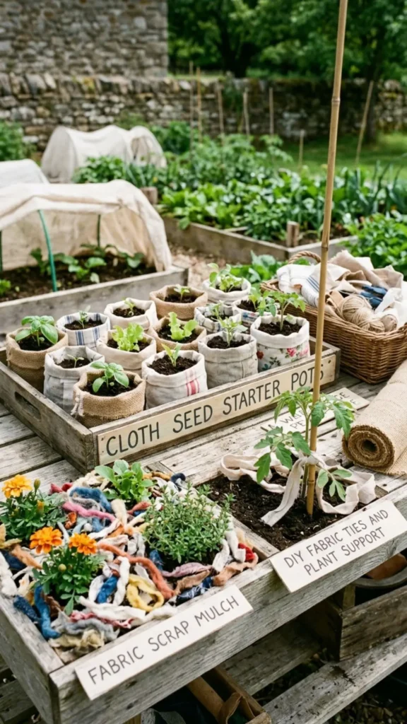Sustainable cloth seed starter pots made with fabric scraps for an eco-friendly gardening project.