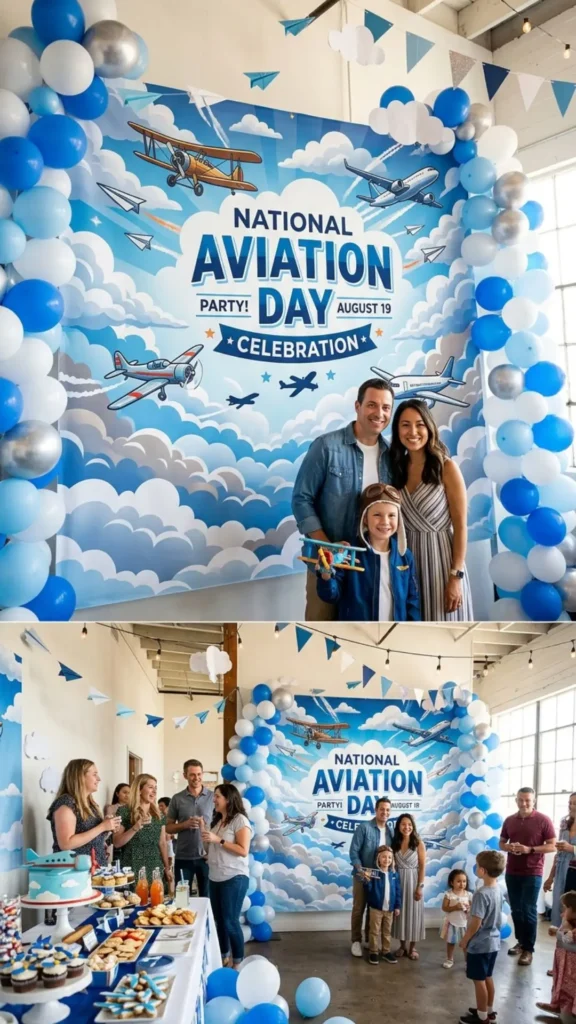 Blue sky backdrop with fluffy clouds and airplanes.