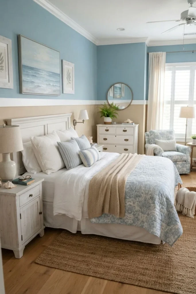 Coastal bedroom with blue, white, and sandy neutral color blocking.