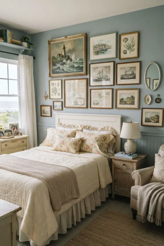 Coastal landscape artwork and vintage framed prints decorating an elegant bedroom.