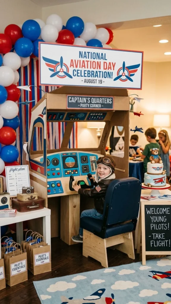 Kids’ cockpit corner with playful airplane-themed decorations.