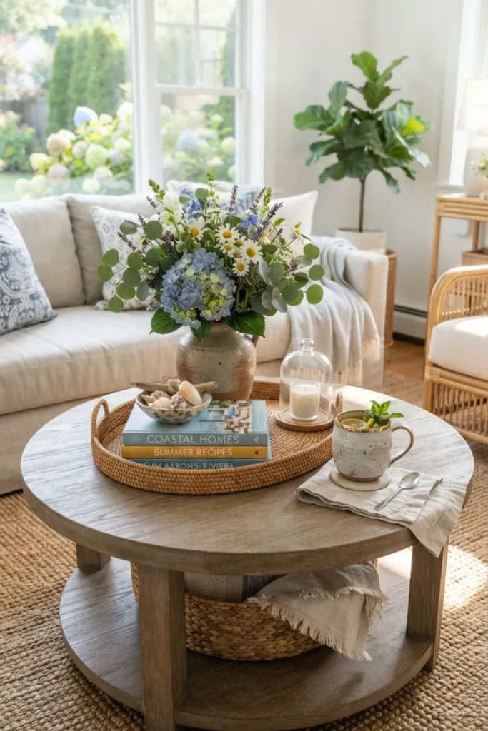 Beautiful cottage coffee table styled with flowers and candles.