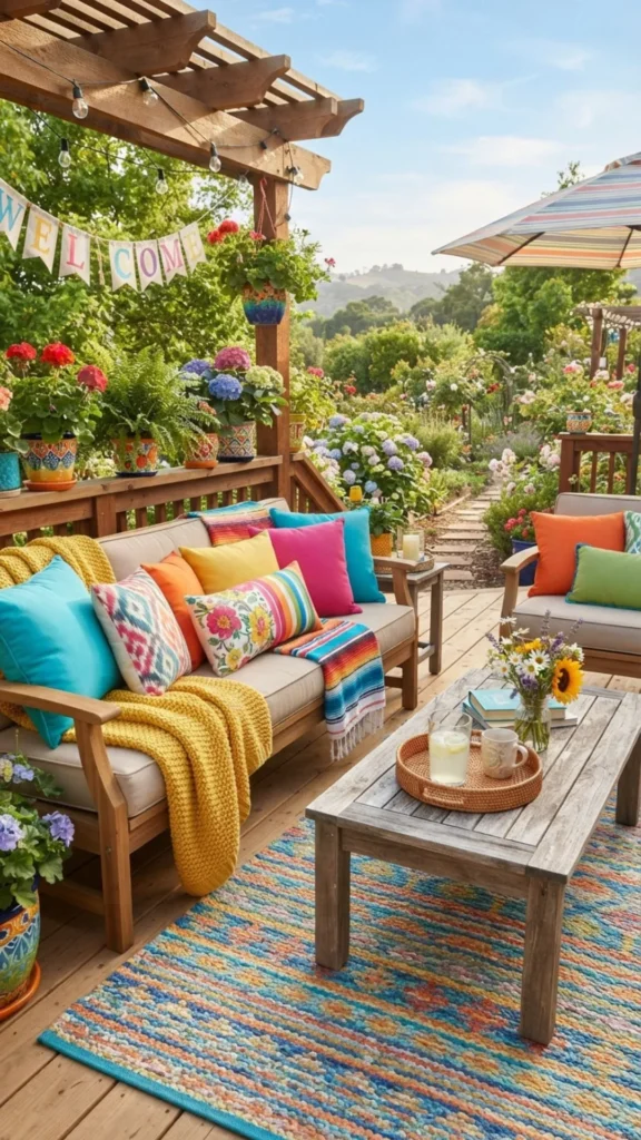Bright outdoor cushions adding cheerful color and comfort to deck seating.
