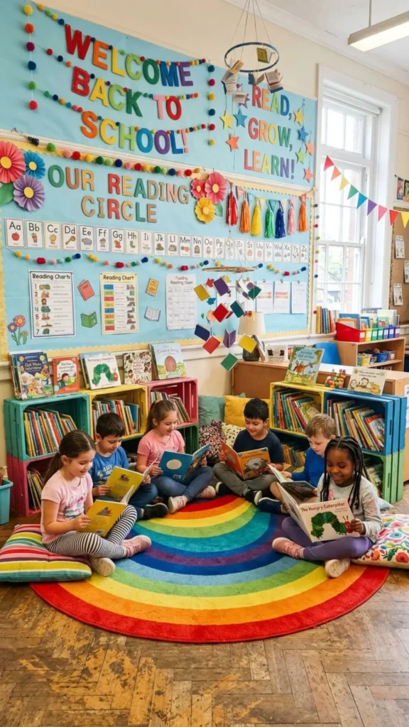 Colorful reading circle with comfortable seating