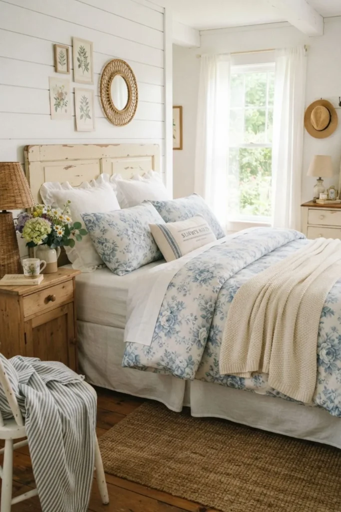 Soft cottage-style bedding with floral linen and cozy pillows.