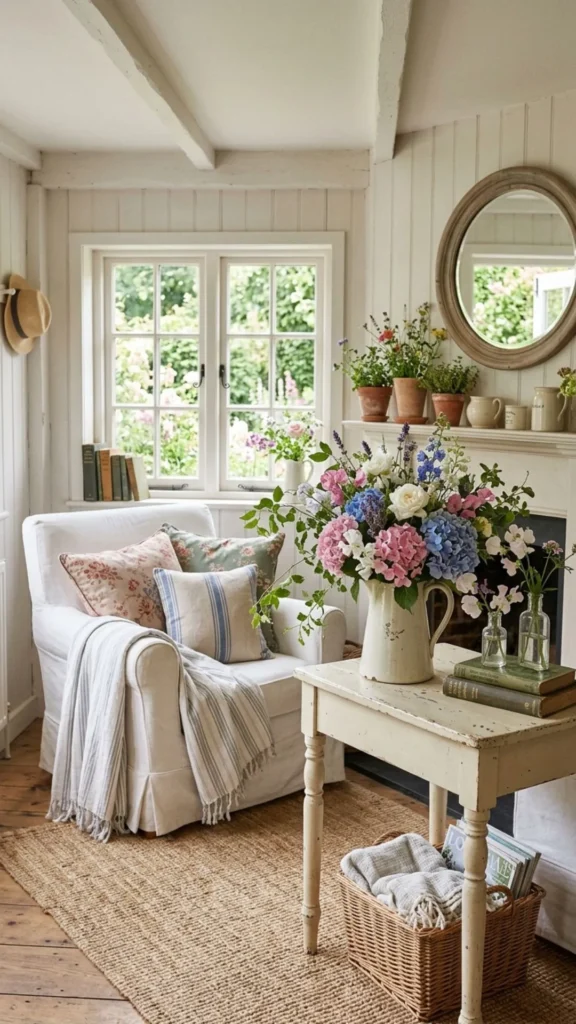 Charming cottage style summer decorating with fresh floral arrangements for a cozy and welcoming home.