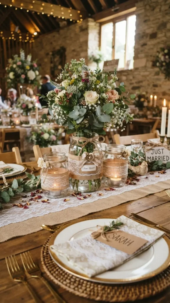 Burlap and lace mason jars filled with roses and greenery offer timeless country chic style.