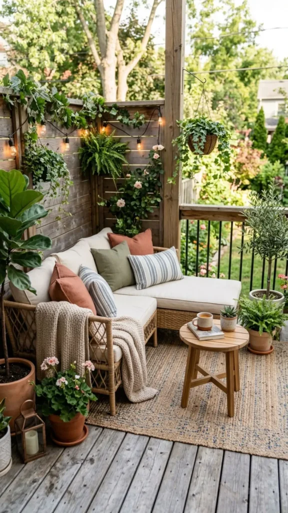 Cozy small deck seating with cushions and plants