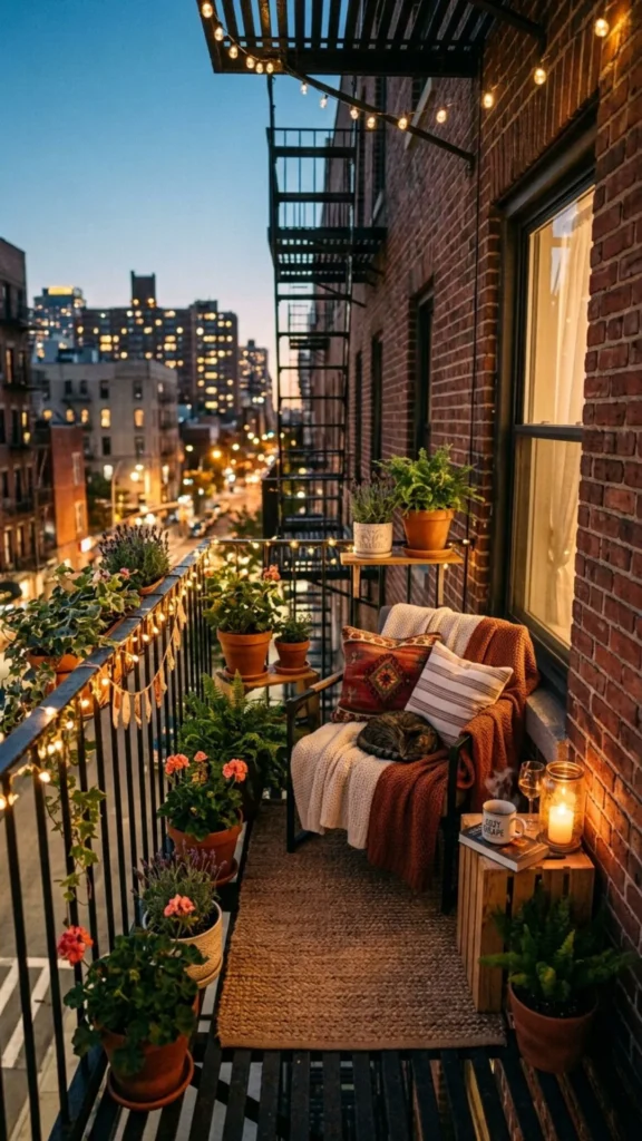 Cozy fire escape retreat with cushions and plants