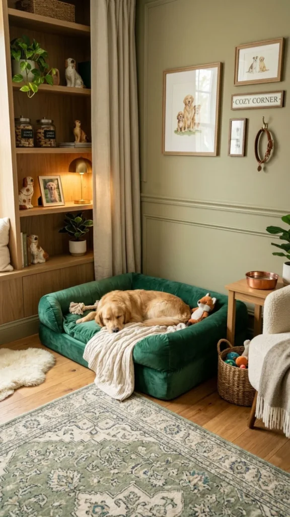 Cozy green cushioned dog bed corner with relaxing decor