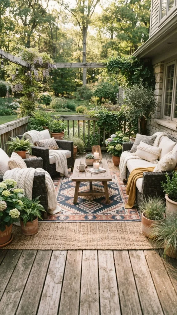 Outdoor rug defining a cozy seating area with layered patio style.