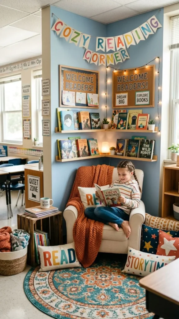 Cozy classroom reading corner with books