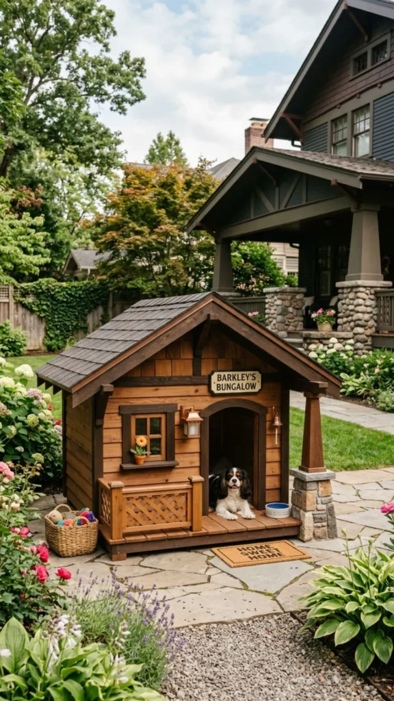 Craftsman-style DIY dog house with elegant architectural details and neighborhood-inspired charm
