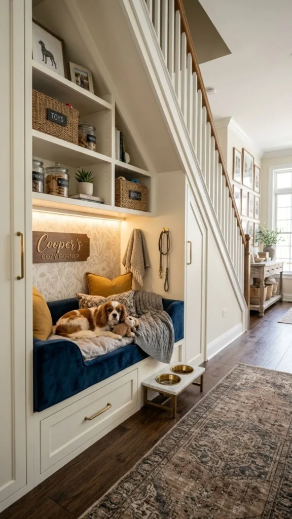 Custom dog bedroom nook with stylish storage and comfort