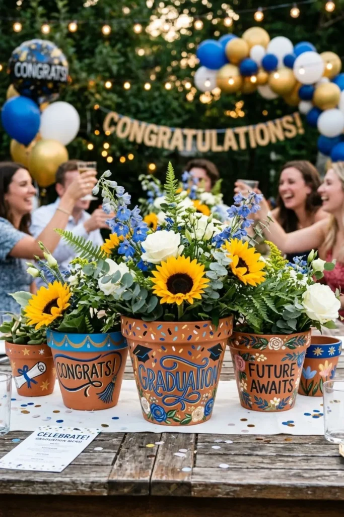 Custom painted flower pots with graduation floral centerpiece