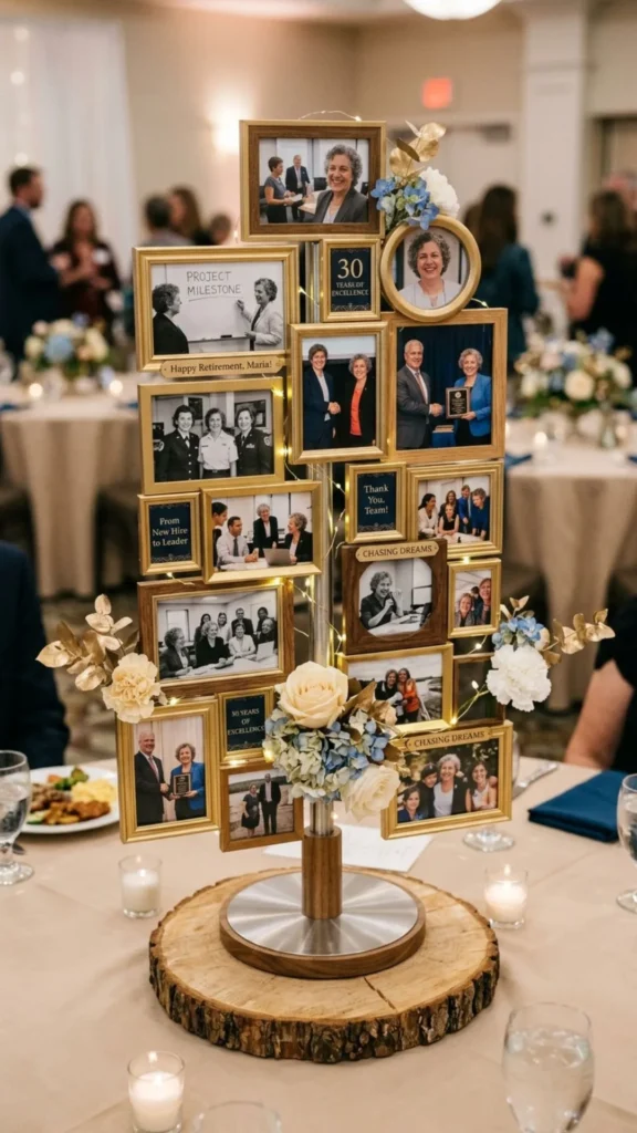 Personalized retirement table centerpiece featuring memorable photos and career highlights.