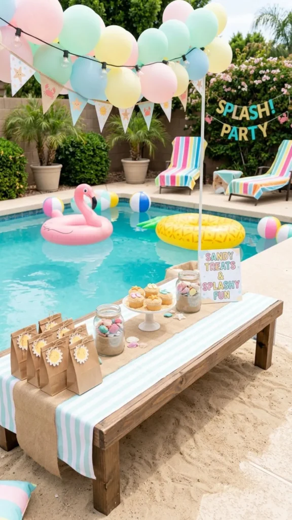 Cute sandy beach-inspired pool party decor