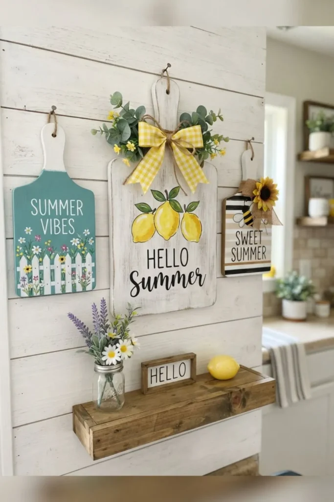 Rustic cutting board wall decor decorated with greenery and cheerful summer accents.