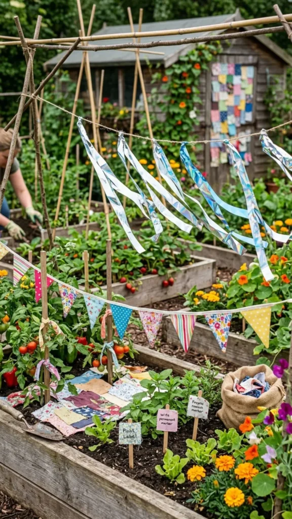  DIY bird deterrent ribbons made from fabric scraps to create a clever and colorful garden solution.