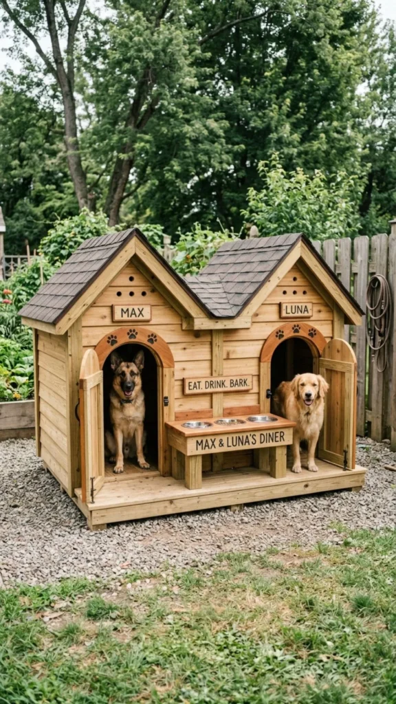 DIY double dog house with built-in feeding station and practical side-by-side design for two dogs