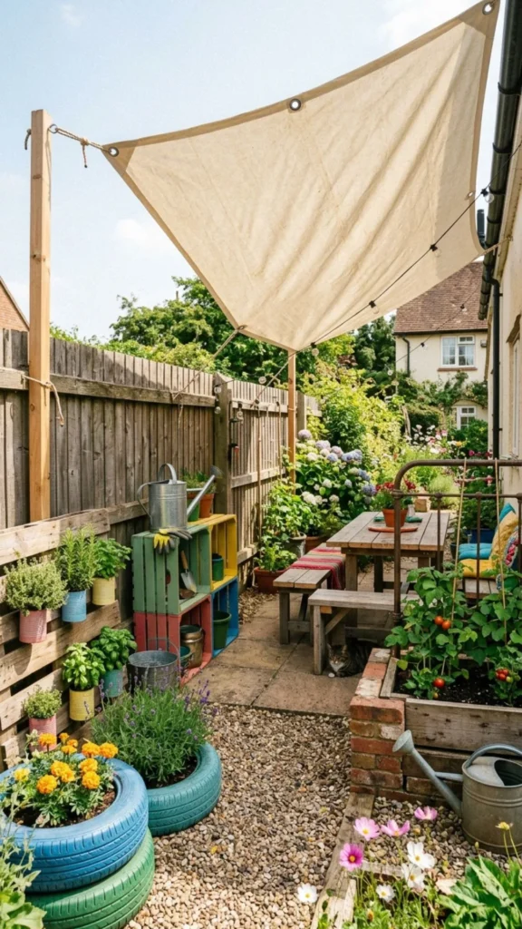 DIY fabric sun shade made from upcycled scraps for practical and stylish outdoor garden comfort.