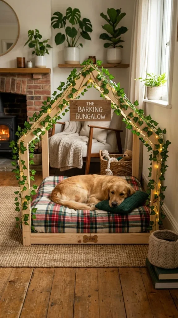 DIY house-frame dog bed with ivy decor and cozy plaid blanket for a charming indoor pet corner
