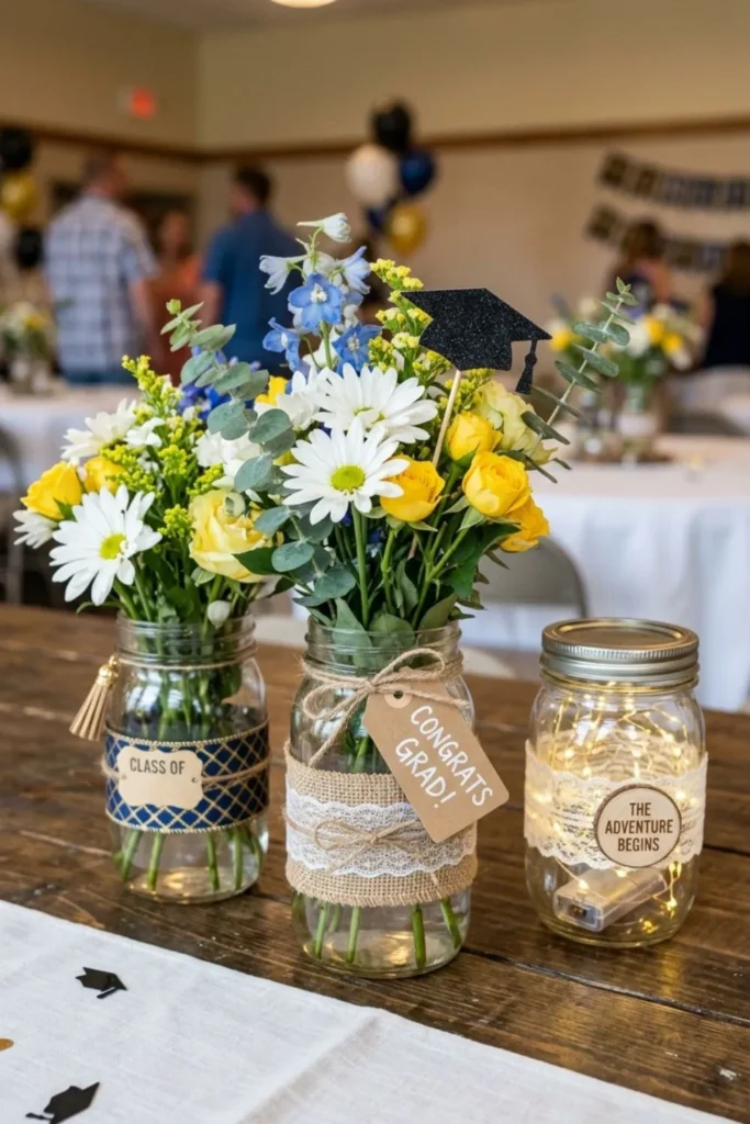 DIY mason jar graduation centerpiece with beautiful floral decor