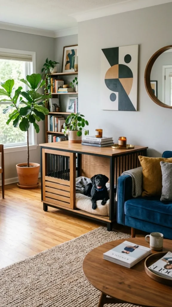 Modern furniture-style DIY dog crate with stylish design for a polished and cozy living room